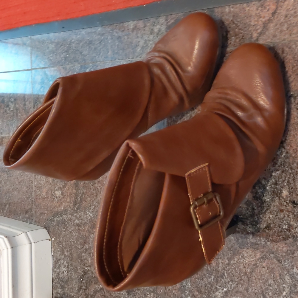 Misha faux leather heeled brown booties with buckle detail